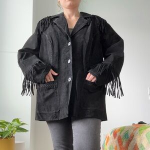 Denim & Company Black Leather Jacket Size 2X (best fit Size L / XL) with Fringe